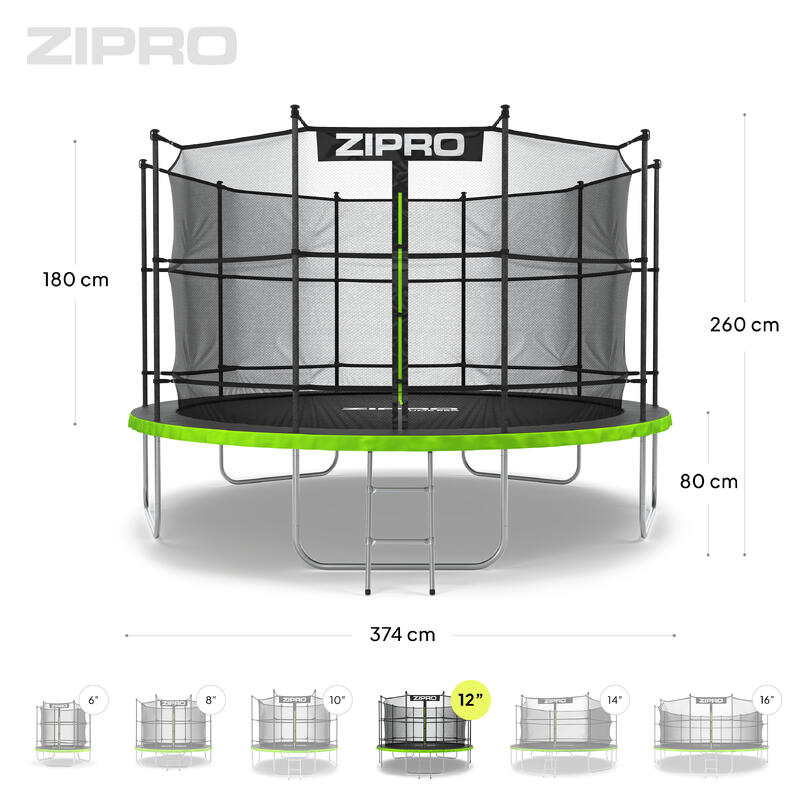 Trampoline rond Zipro Jump Pro 12FT 374cm avec filet de protection intérieur