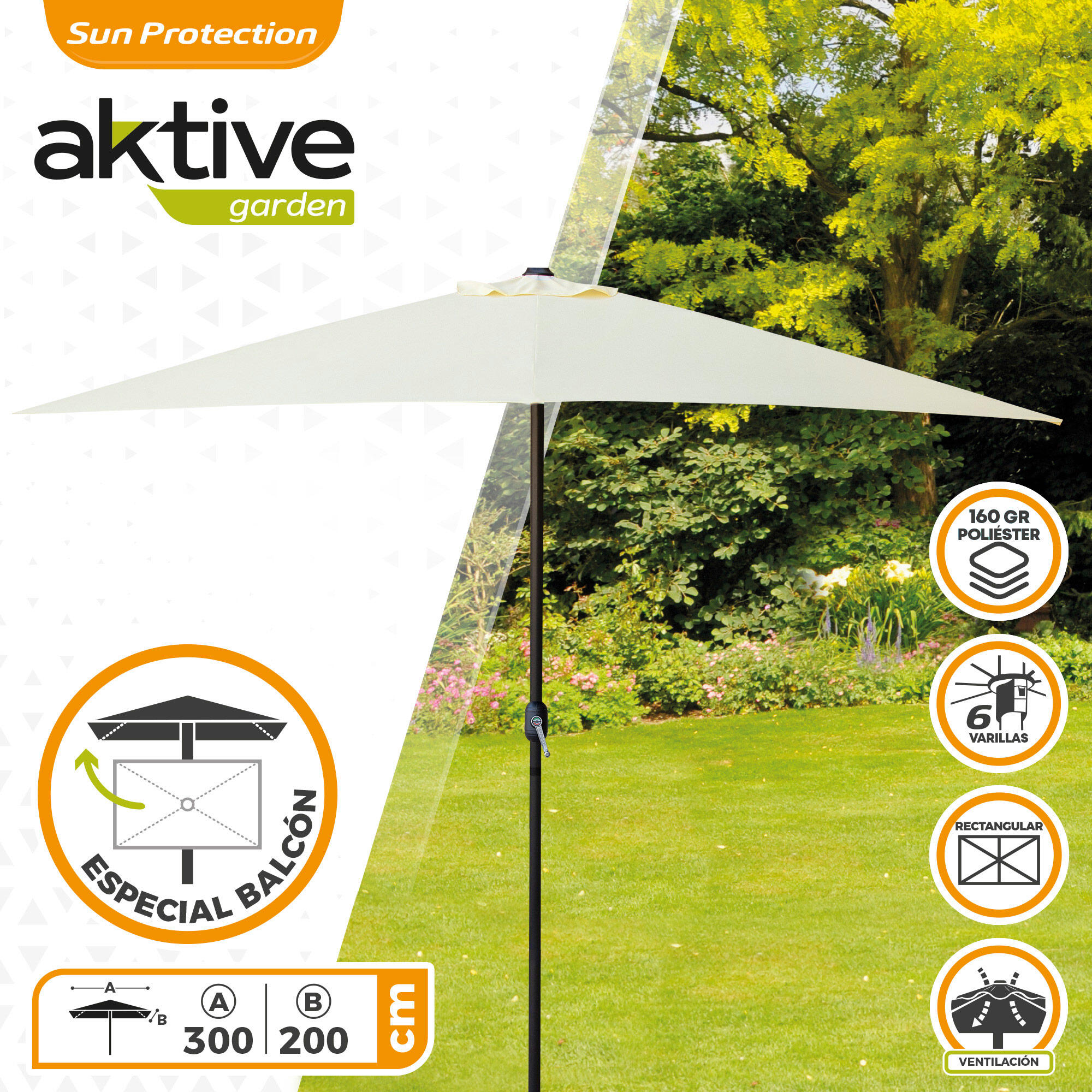 Parasol rectangular 200x300 cm color crema mástil aluminio Aktive Garden 2/7