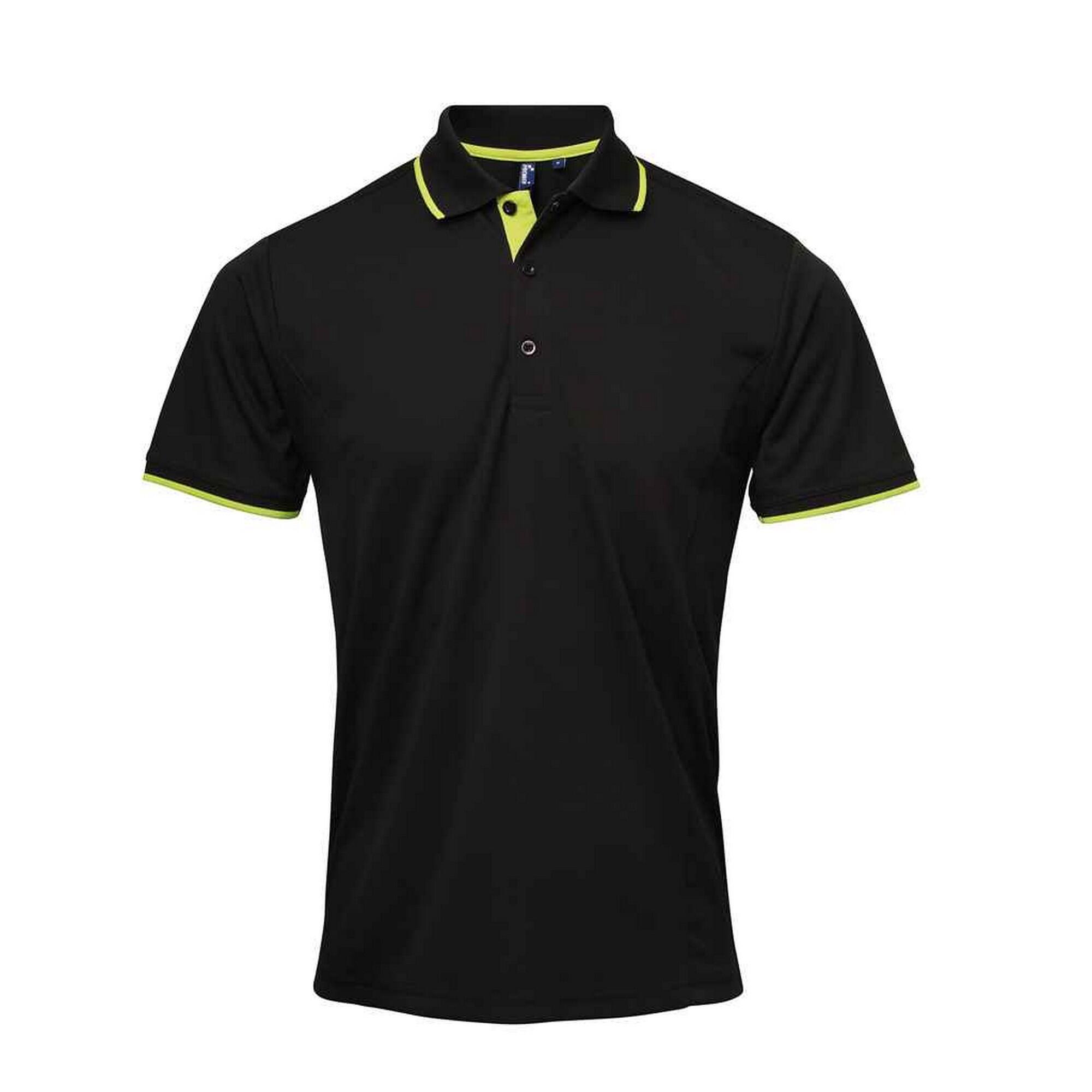 PREMIER Mens Coolchecker Contrast Pique Polo Shirt (Black/Lime Green)