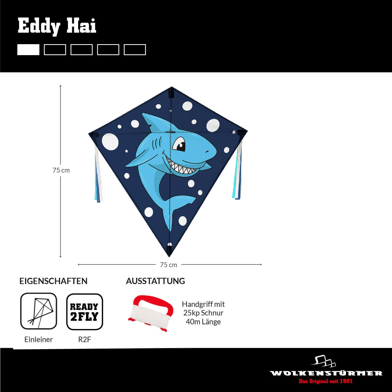 Kinderdrachen Eddy Hai (blau), Einleinerdrachen - flugfertig inkl. Schnur 5/7