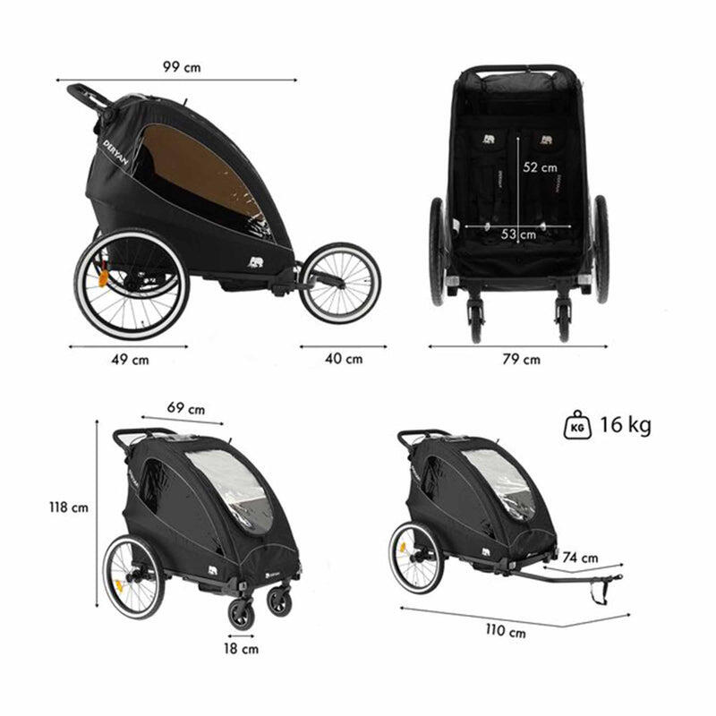 Luxus 3-in-1 Fahrradanhänger - Kinderwagen - 2 Personen - Schwarz 7/8