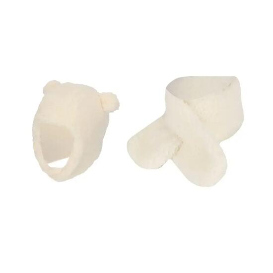 Ensemble écharpe et bonnet bébé en laine Teddy 0-6 mois blanc cassé