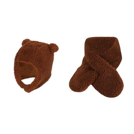Ensemble écharpe et bonnet bébé en laine Teddy 6-12 mois marron moyen