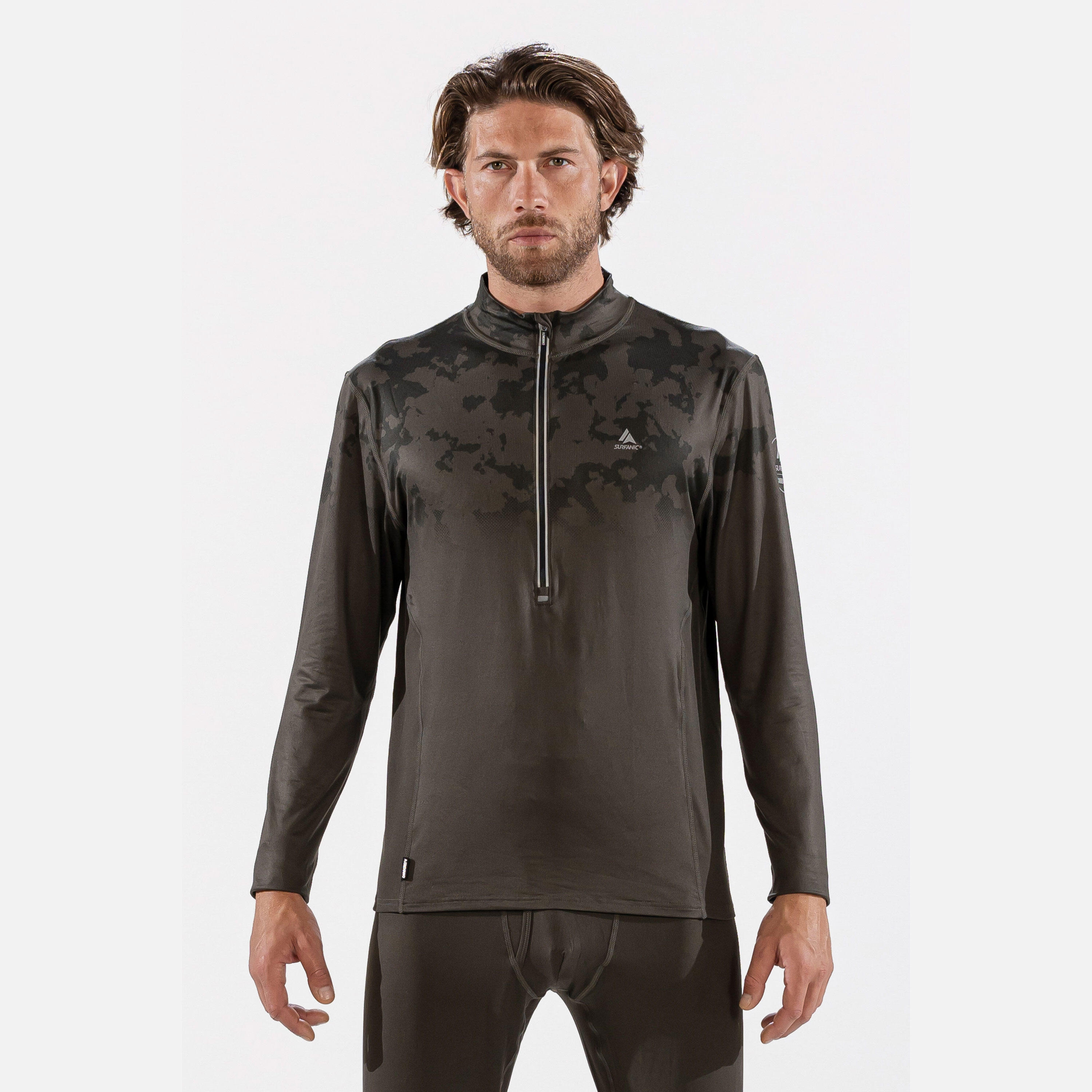 CarbonDri Bodyfit Broken Map Mens Zip Neck Dark Khaki 3/7