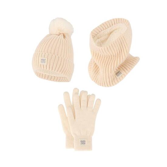 Ensemble thermique femme : gants bonnet et cache-cou blanc cassé taille unique