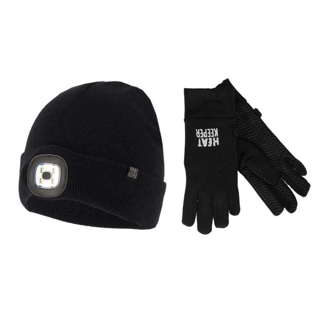 HEAT KEEPER Heatkeeper - Thermo set kids - Muts + Led lichtje / Handschoenen - Zwart