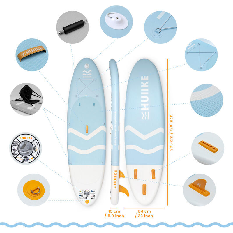 Opblaasbaar Supboard met Premium Accessoires, HUIIKE, Blauw, Hoge Stabiliteit 2/7
