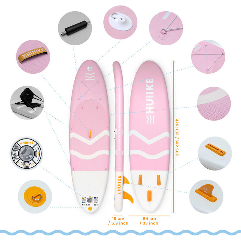 Opblaasbaar Supboard met Premium Accessoires, HUIIKE, Roze, Hoge Stabiliteit 2/7
