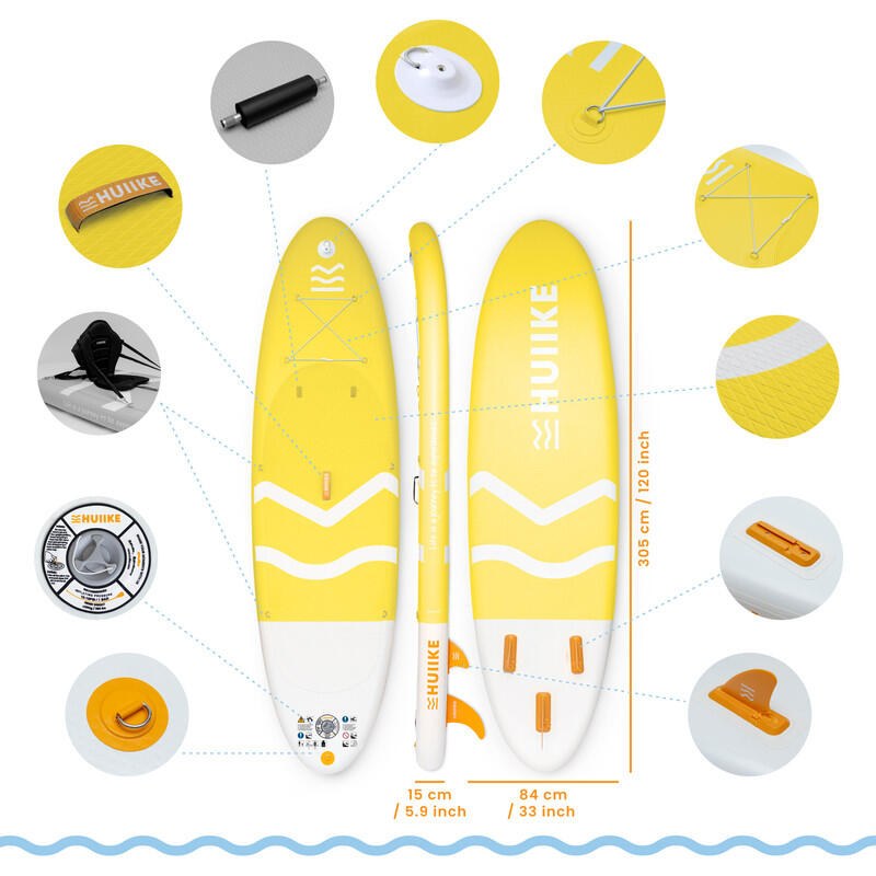 Opblaasbaar Supboard met Premium Accessoires, HUIIKE, Geel, Hoge Stabiliteit 2/7