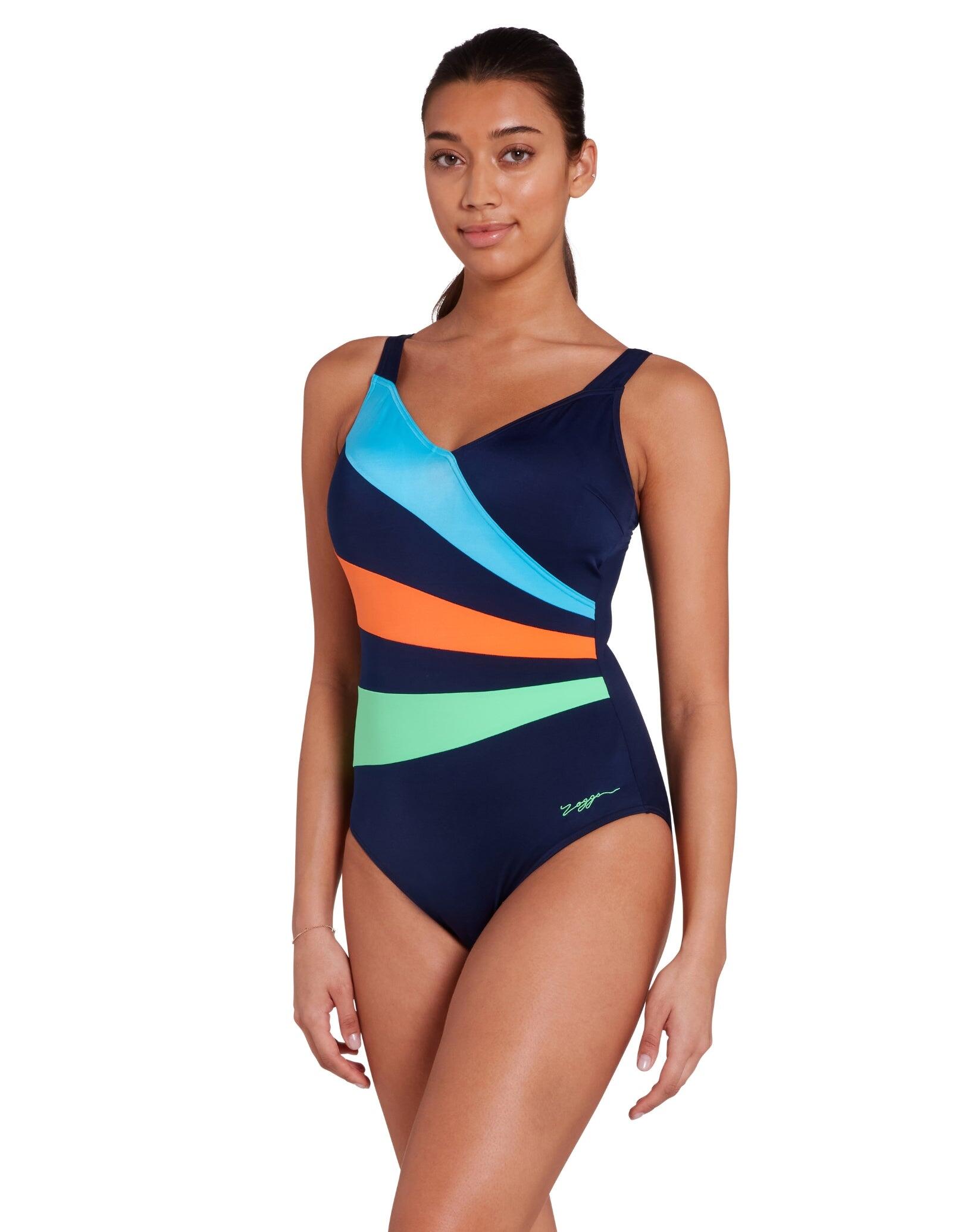 Zoggs Elegance Wrap Panel Classicback Swimsuit - Blue/Orange/Green 3/5