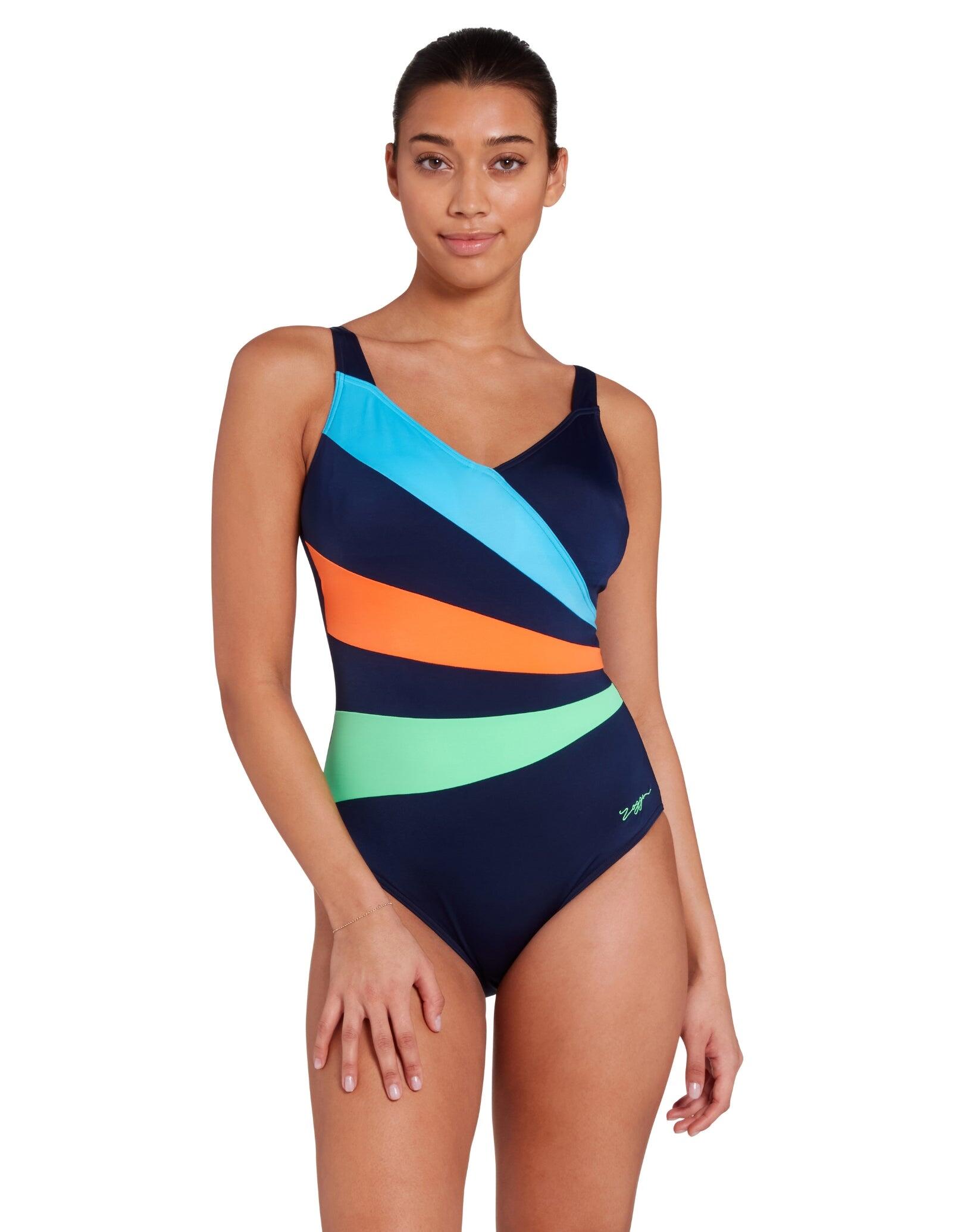 Zoggs Elegance Wrap Panel Classicback Swimsuit - Blue/Orange/Green 1/5