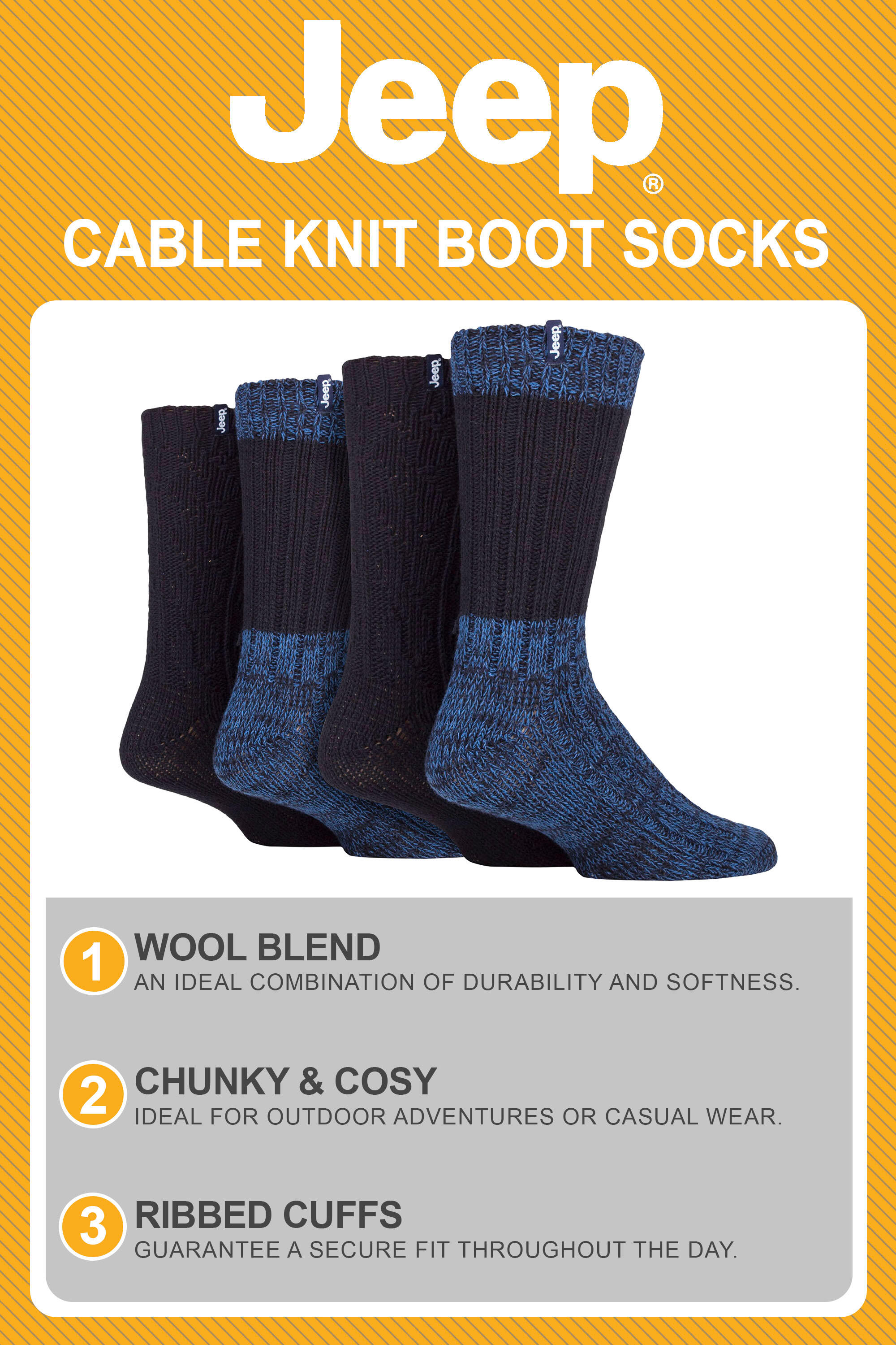 Mens 4 Pack Wool Hiking Socks | Ribbed Cable Knit Wool Blend Boot Socks 4/4