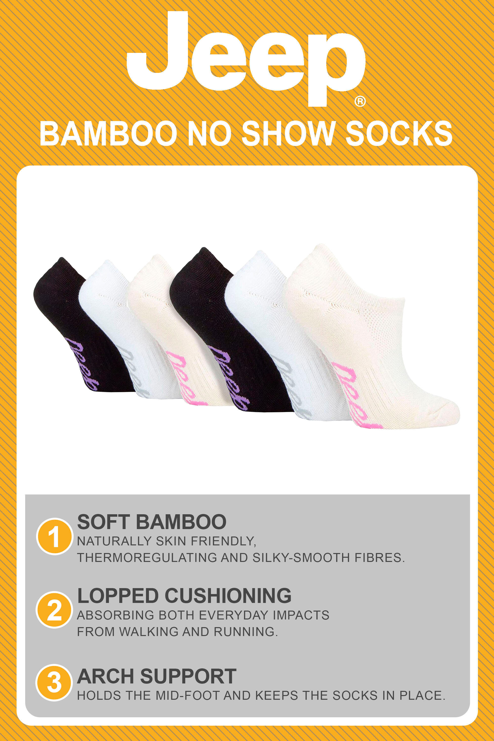 Ladies 6 Pack Bamboo No Show Socks | Invisible Socks with Heel Grip 4/4