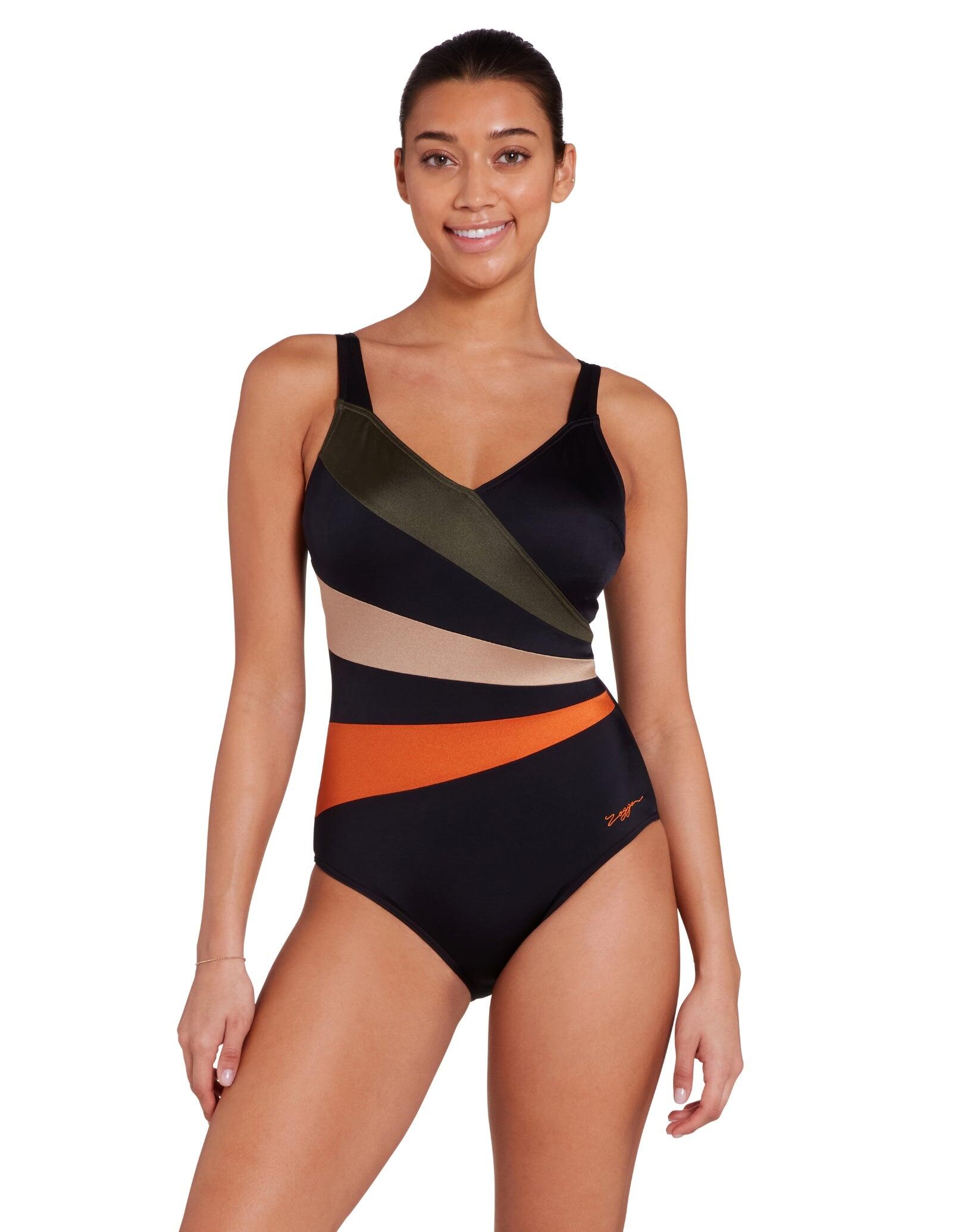 Zoggs Dream Wrap Panel Classicback Swimsuit - Black/Green/Orange 1/5
