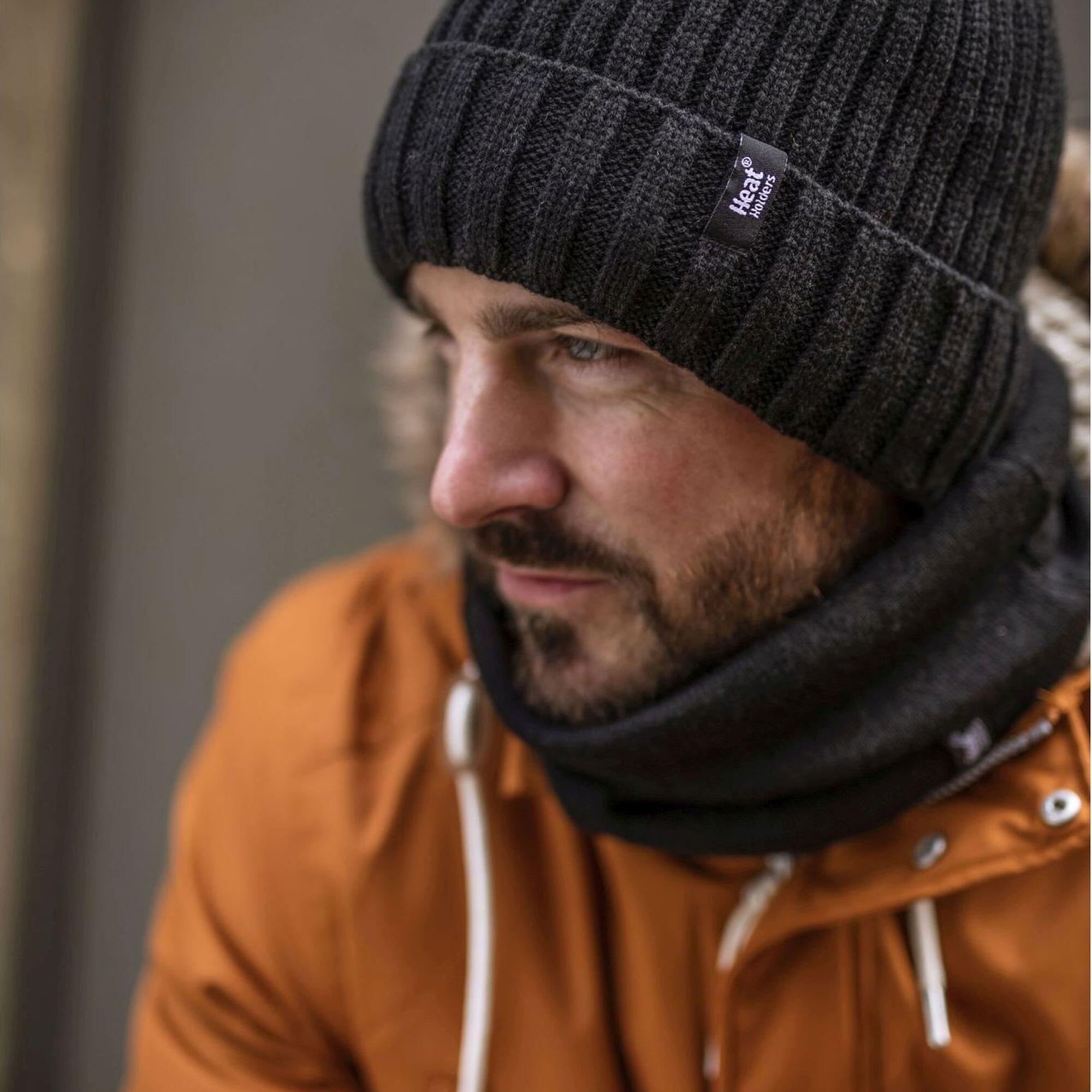 Mens Ribbed Knit Fleece Lined Turn Over Cuff Thermal Beanie Hat 3/6