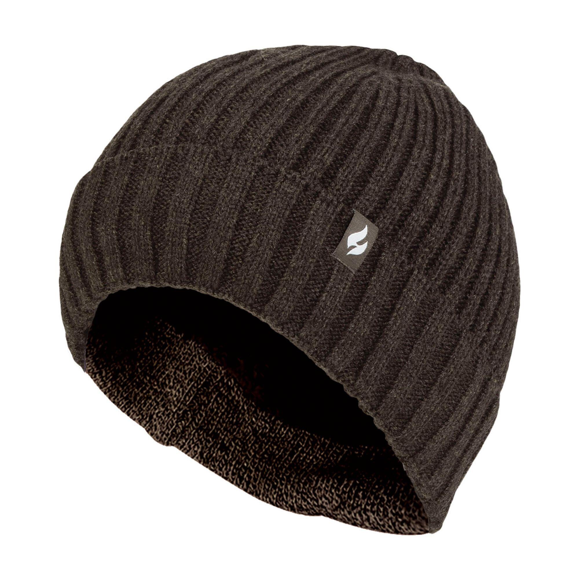 HEAT HOLDERS Mens Ribbed Knit Fleece Lined Turn Over Cuff Thermal Beanie Hat