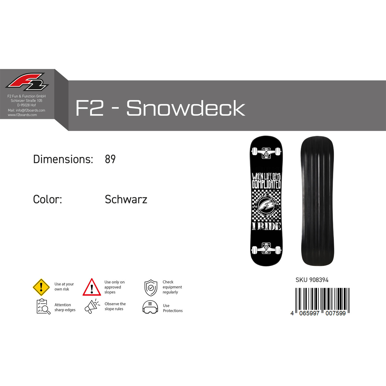 F2 Snowboard Snowdeck Schnee Skateboard 89cm Schwarz 2024/25 5/5