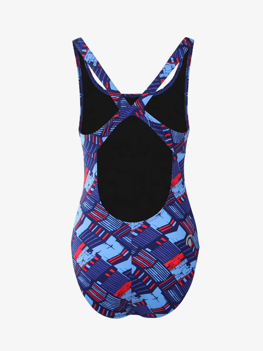 Bañador azul fluo y rojo para mujer en color mat. natación sintética 2/4