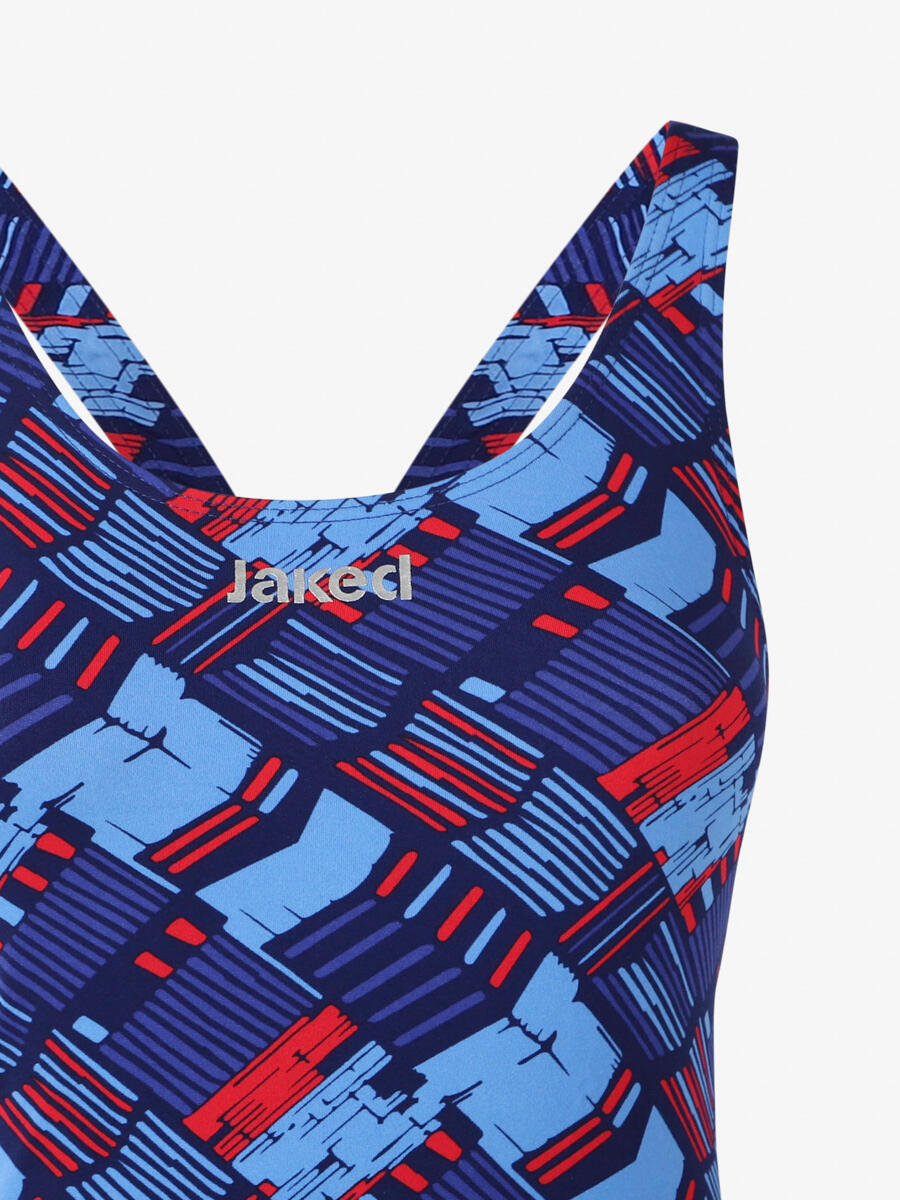 Bañador azul fluo y rojo para mujer en color mat. natación sintética 4/4