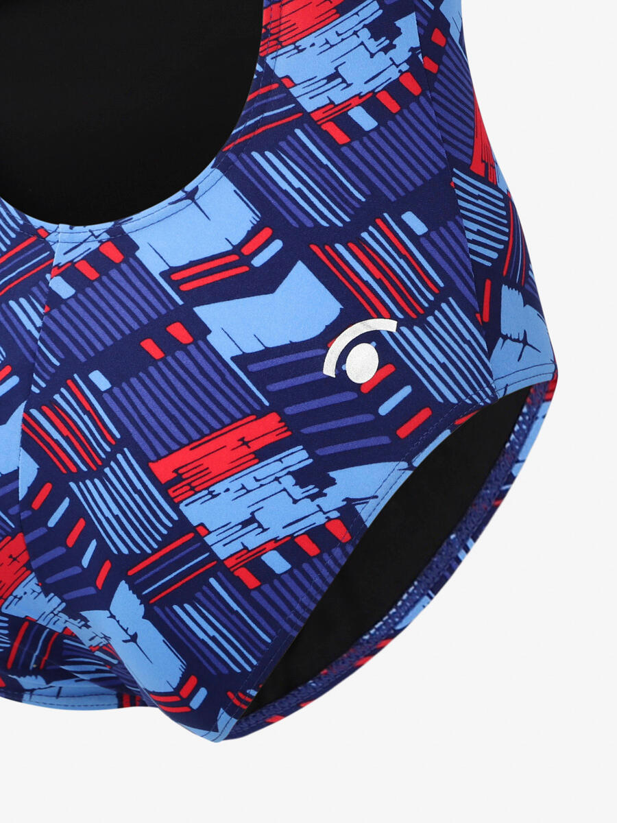 Bañador azul fluo y rojo para mujer en color mat. natación sintética 3/4