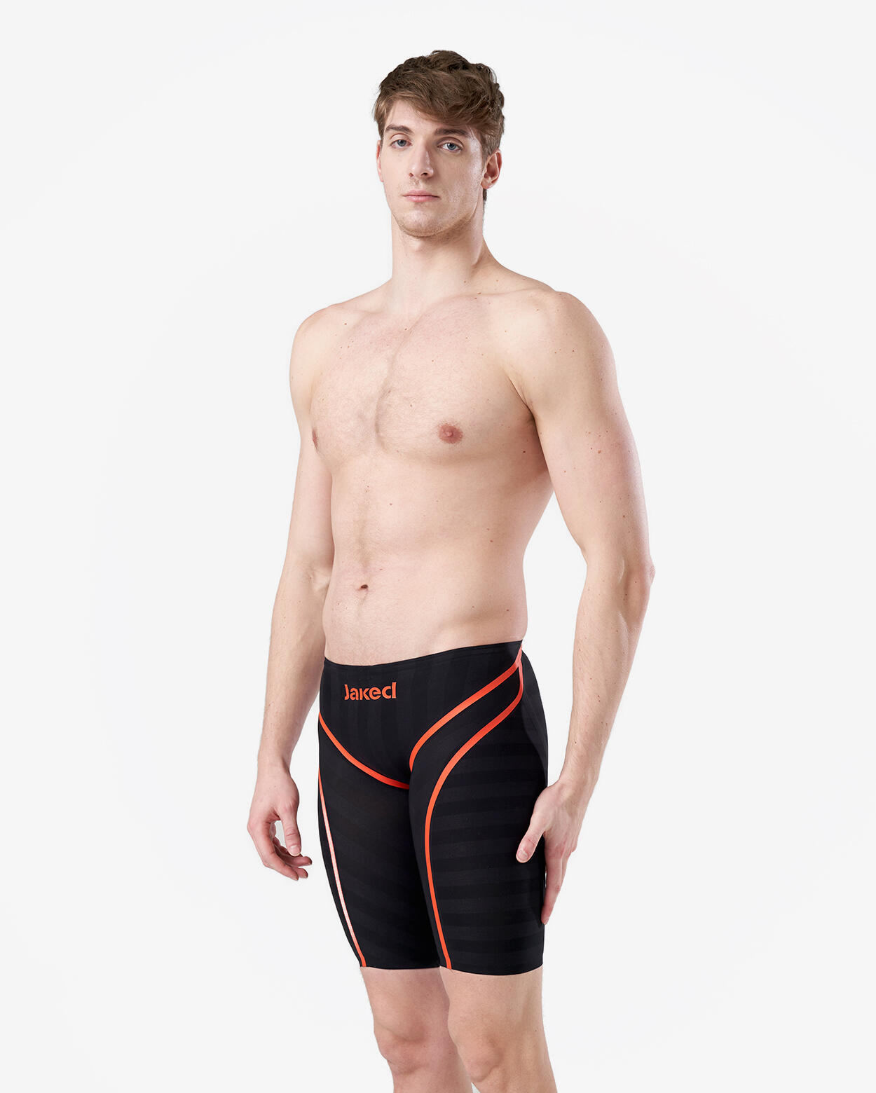 Maillot de bain synthétique noir et orange pour homme 3/4