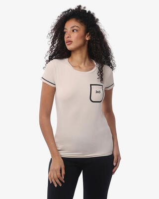 ecrufarbenes Damen-T-Shirt aus mattem Fitness-Synthetik