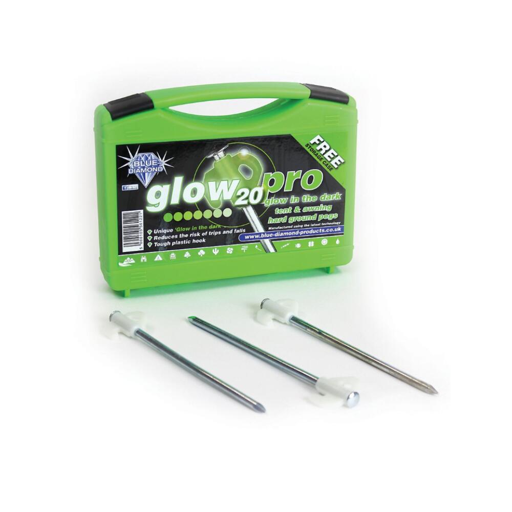 Blue Diamond Glow in-the-Dark Tent Pegs 20-Pack for Hard Ground 1/3