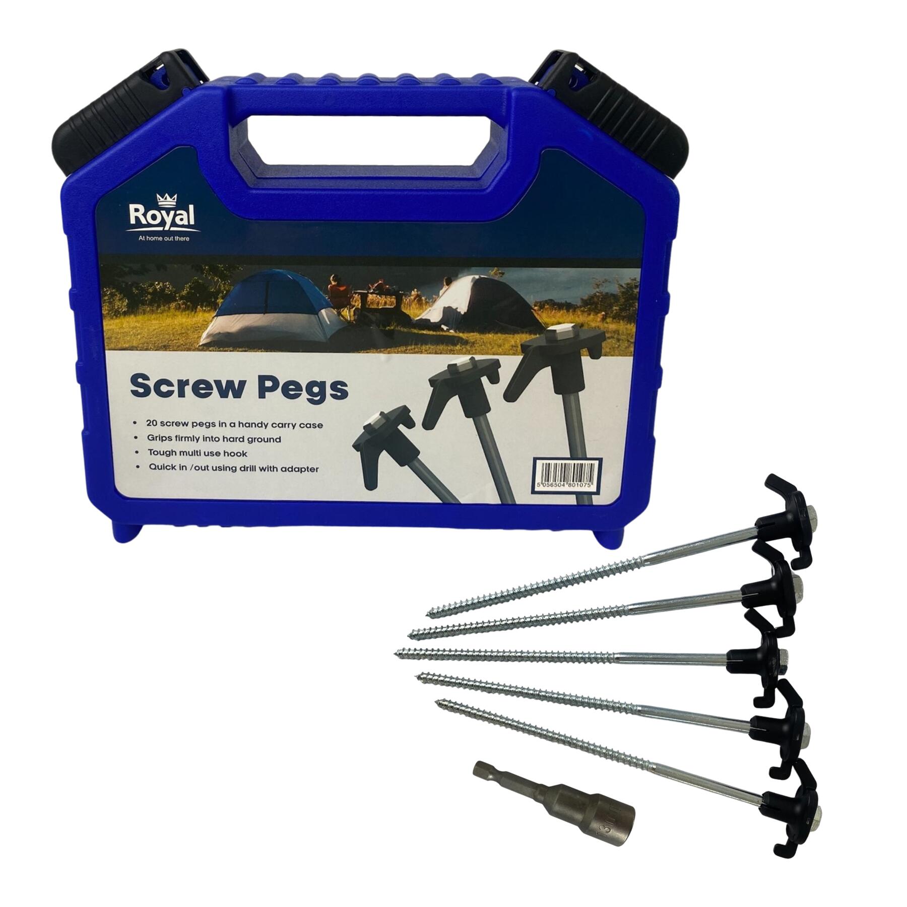 ROYAL LEISURE Royal Leisure 20 Screw Thread Pegs In Case Inc Adapter Tent Awning