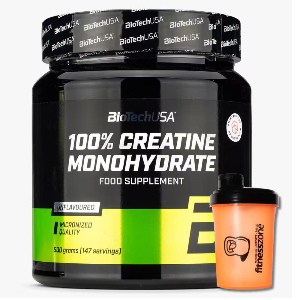 BIOTECHUSA 100% Creatine Monohydrate 500 Gr - Neutro + ¡SHAKER Fitnesszone de REGALO!