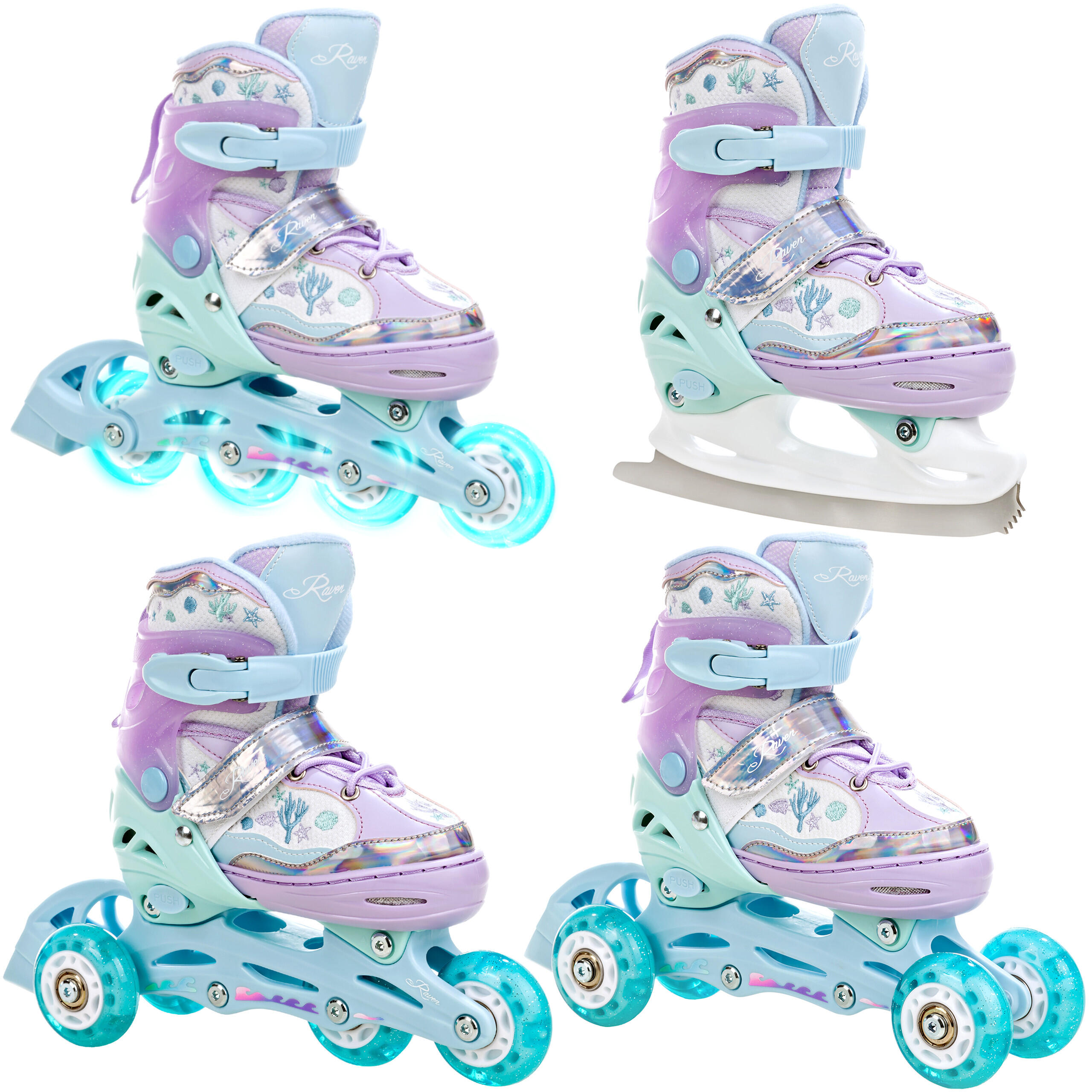 Raven - Patins À Roulettes Patins Ajustables 4in1 Isla Led - Rollers En Ligne - Bleu|vert|violet - Decathlon