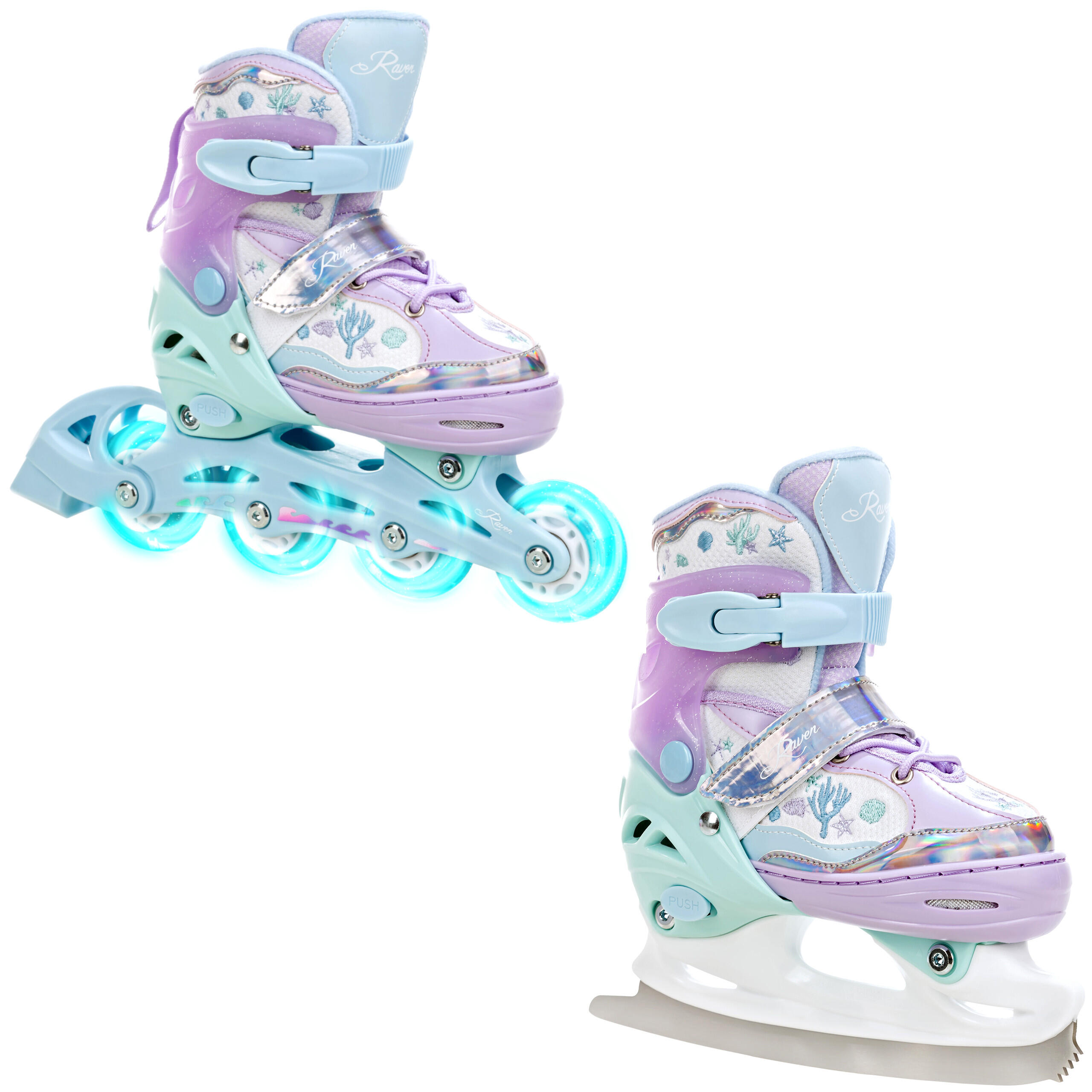 RAVEN Verstellbare Rollschuhe 2in1 Isla Lila/Mint LED Leuchtende LED-Räder