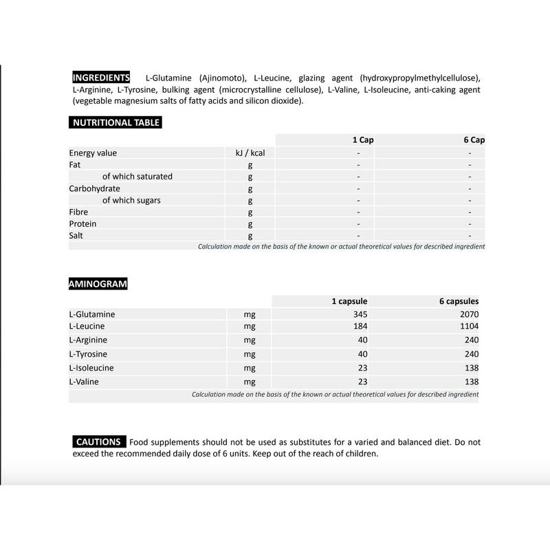 6.4 AMINO+ Glutamina + BCAA + L-Arginina + L-Tirosina - 120 Cápsulas  Sabor