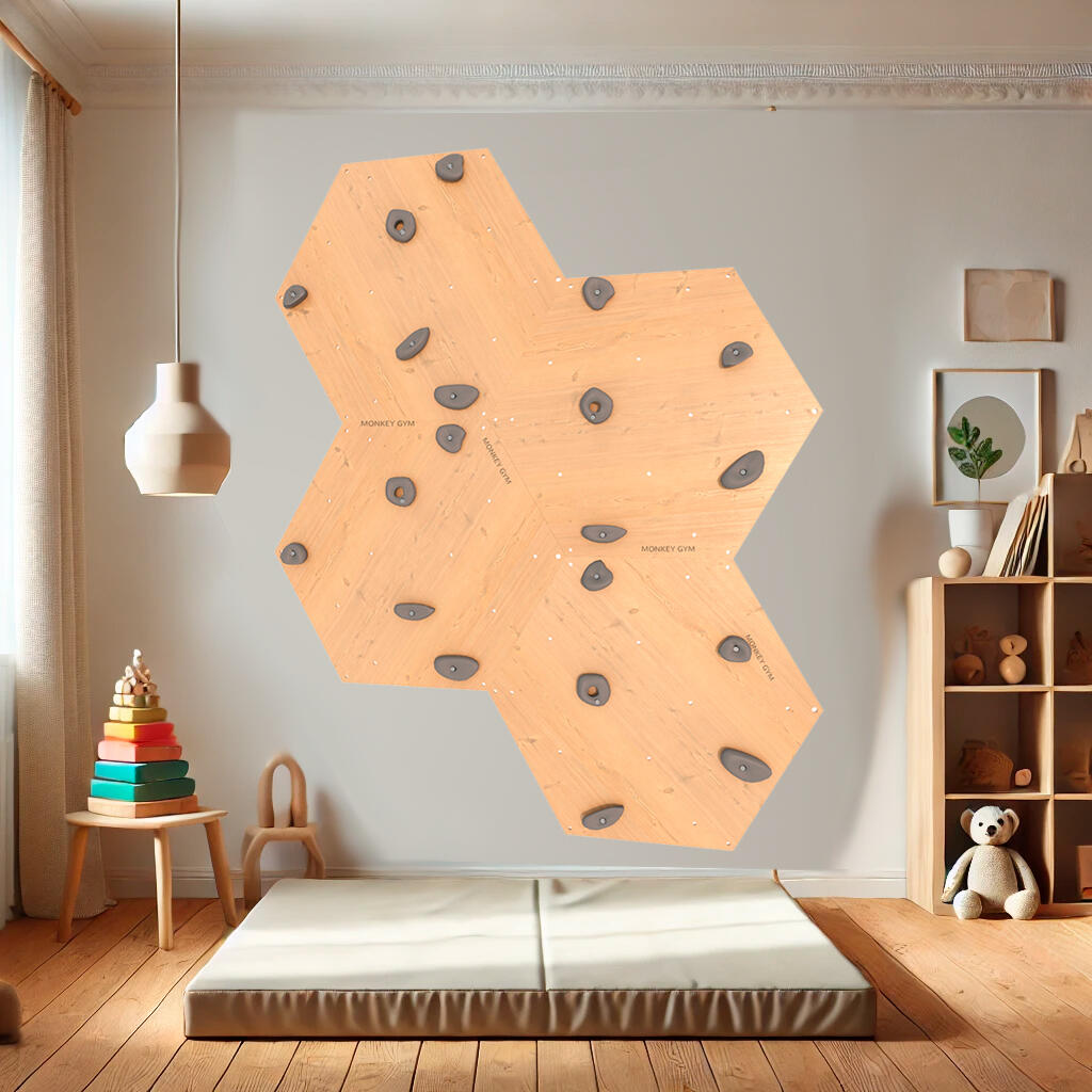Mur d’Escalade Intérieur pour Enfants avec Panneaux Hexagonaux en Bois et Prises 3/7