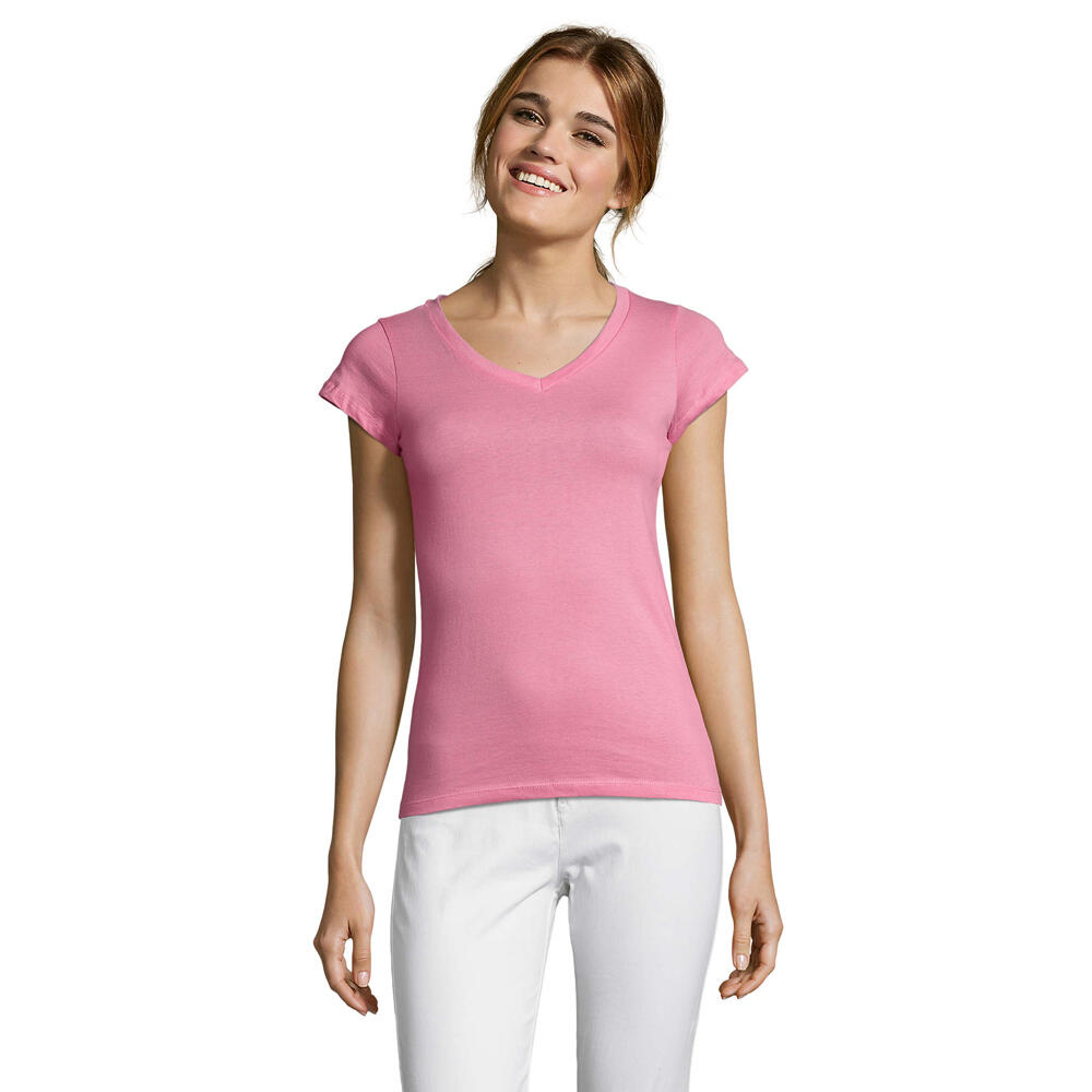 Womens/Ladies Moon V Neck TShirt (Orchid Pink)