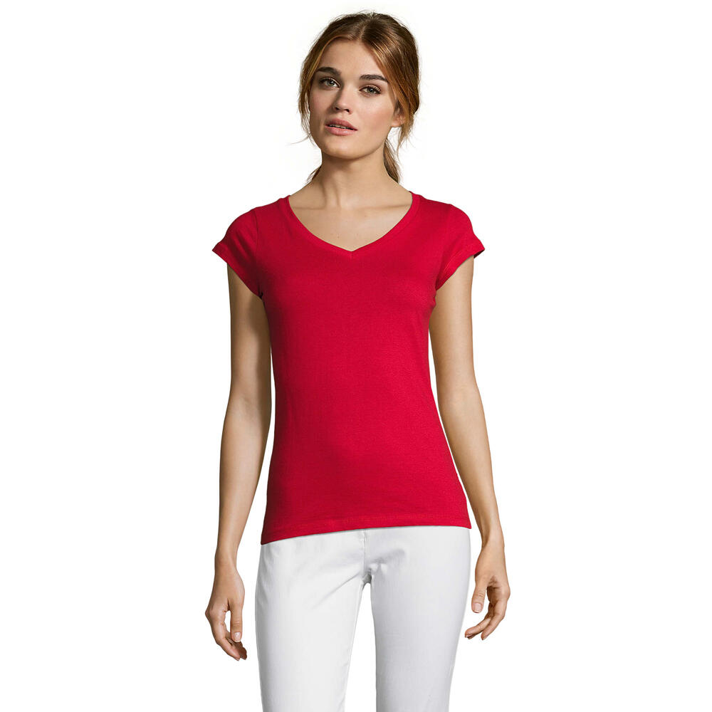 Womens/Ladies Moon V Neck TShirt (Red)
