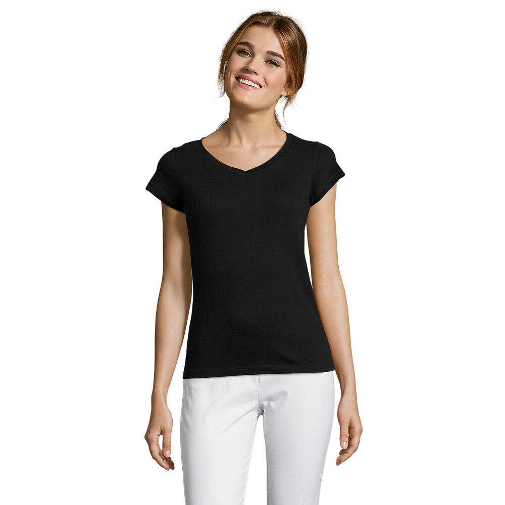 Womens/Ladies Moon V Neck TShirt (Deep Black)