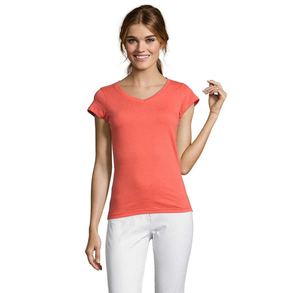 Womens/Ladies Moon V Neck TShirt (Coral)