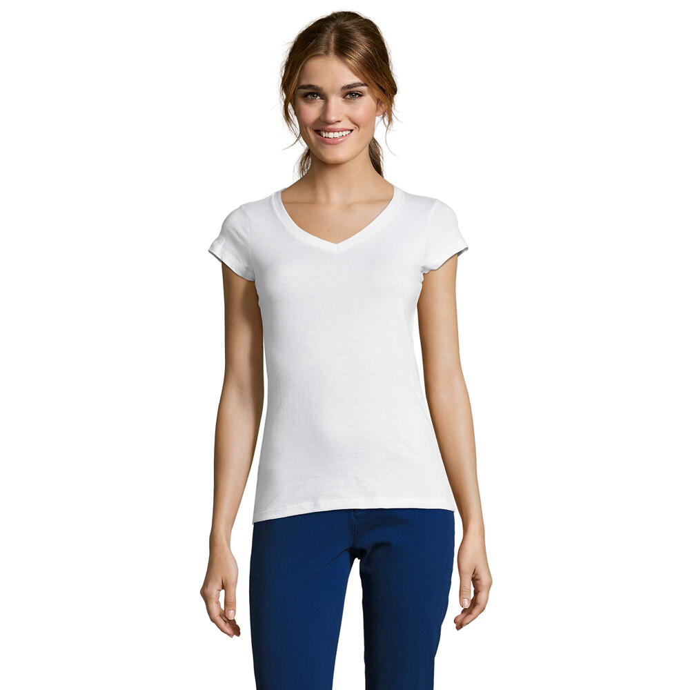 Womens/Ladies Moon V Neck TShirt (White)