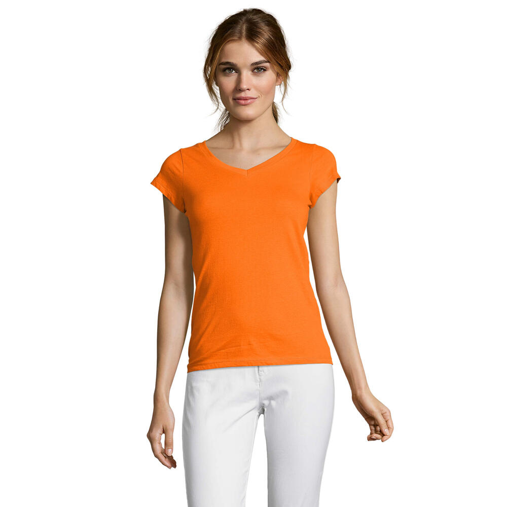 Womens/Ladies Moon V Neck TShirt (Orange)