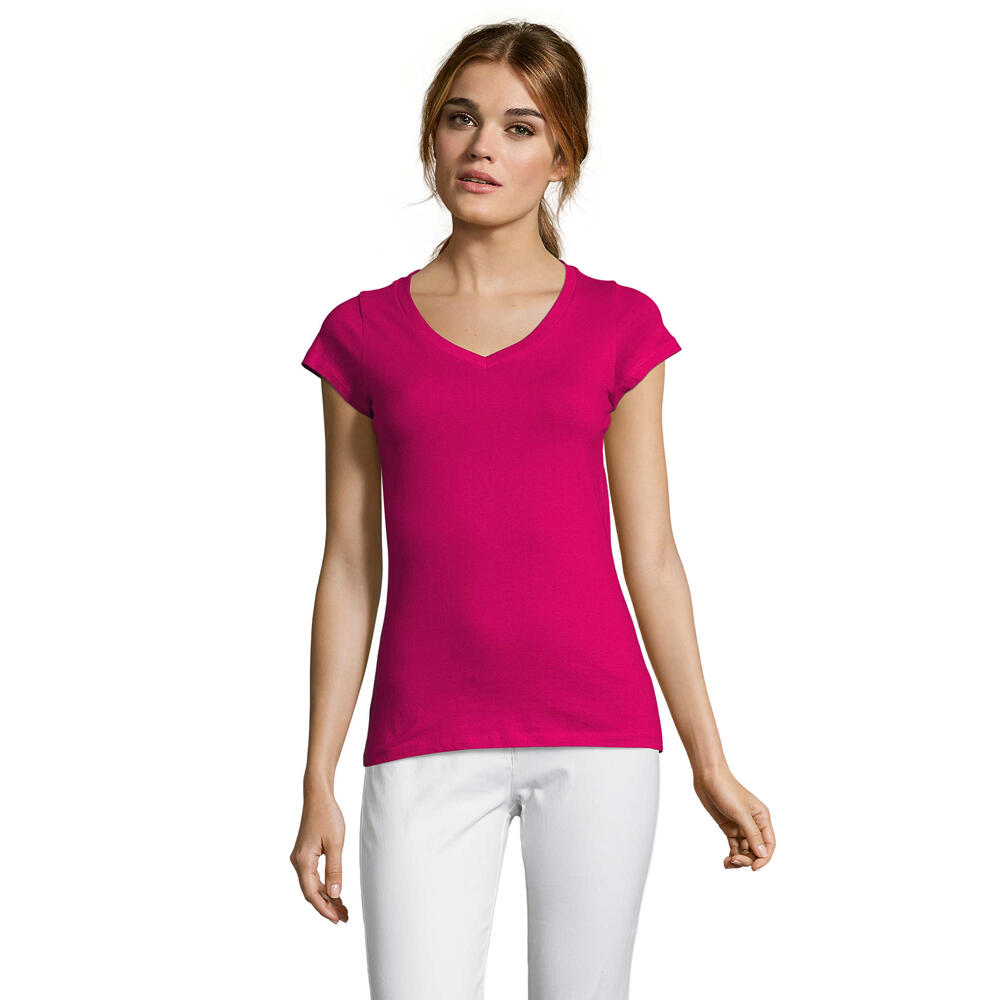 Womens/Ladies Moon V Neck TShirt (Fuchsia)