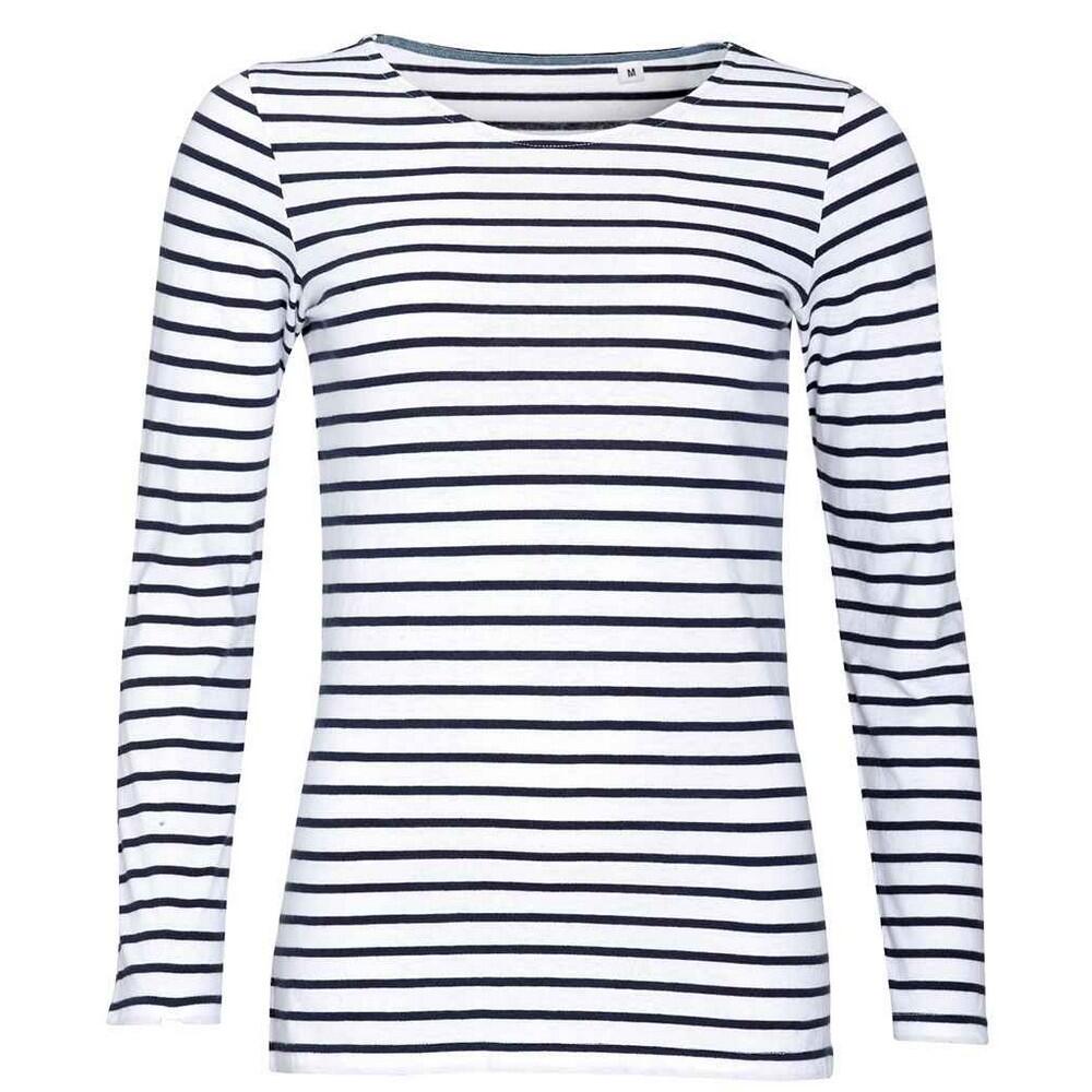 Womens/Ladies Marine Striped LongSleeved TShirt (White/Navy)