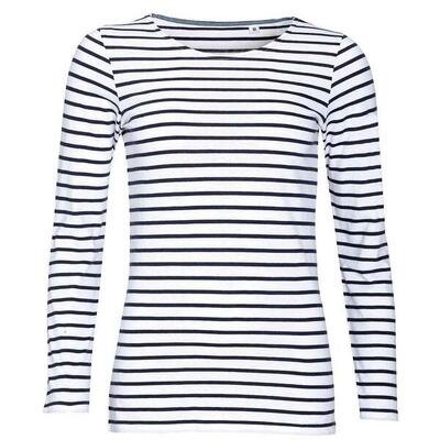 Dames marine gestreept tshirt met lange mouwen (wit/zwaar)