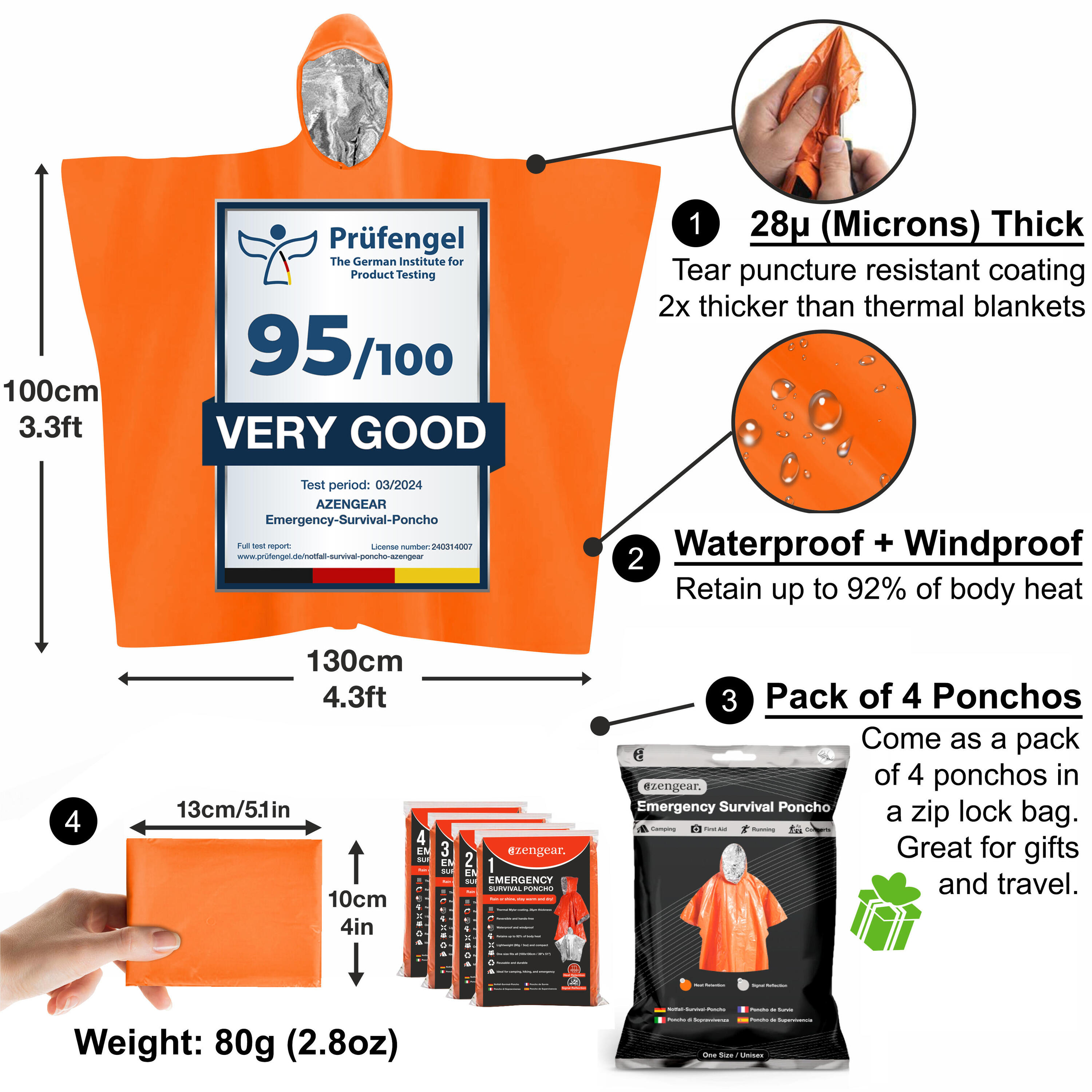 Reversible Emergency Survival Foil Poncho (4pc, Orange) - Waterproof Mylar 6/8