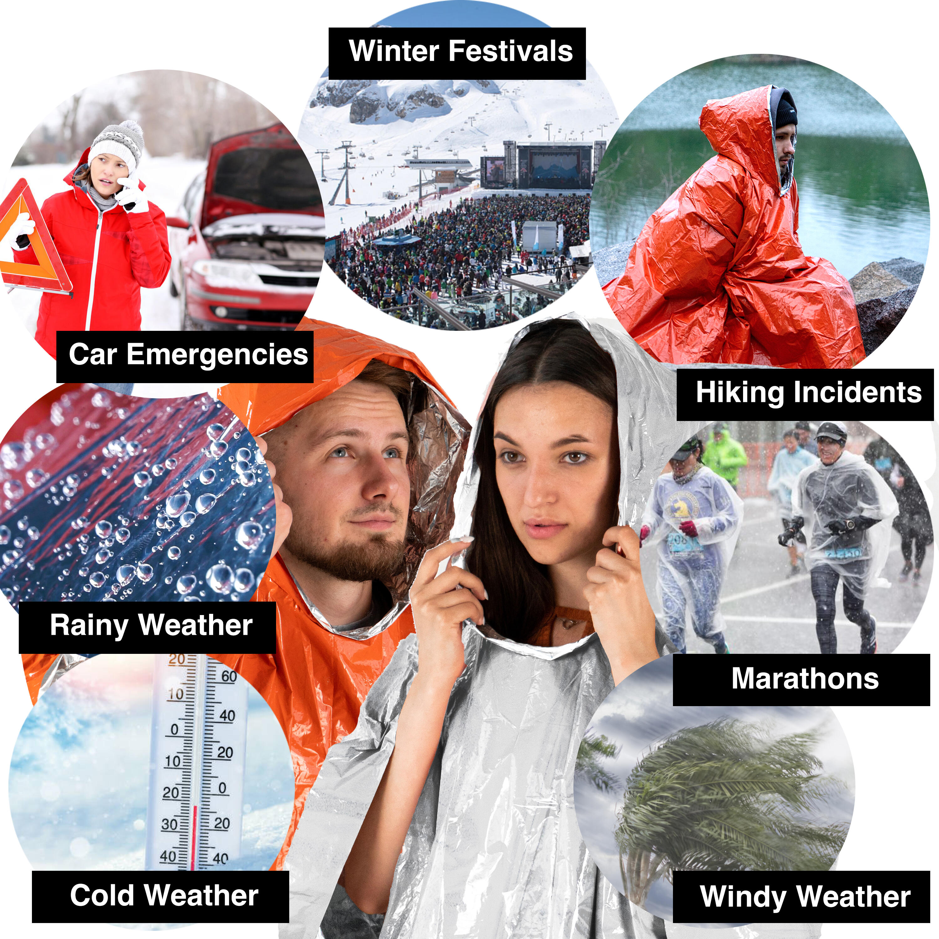 Reversible Emergency Survival Foil Poncho (4pc, Orange) - Waterproof Mylar 7/8