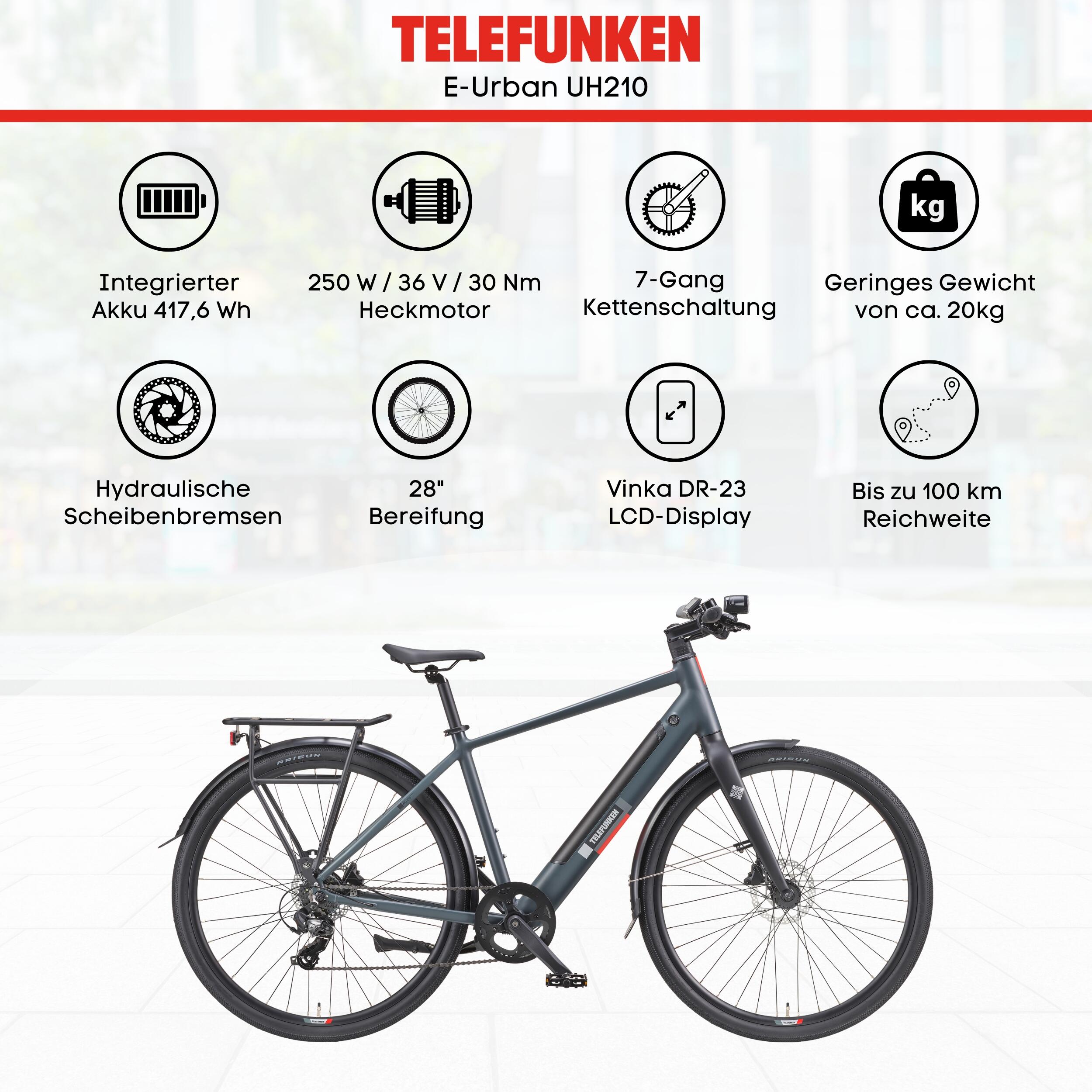 E-Bike UH210 28 Zoll 7-Gang Pedelec City Elektrofahrrad Herren leicht grau 5/7