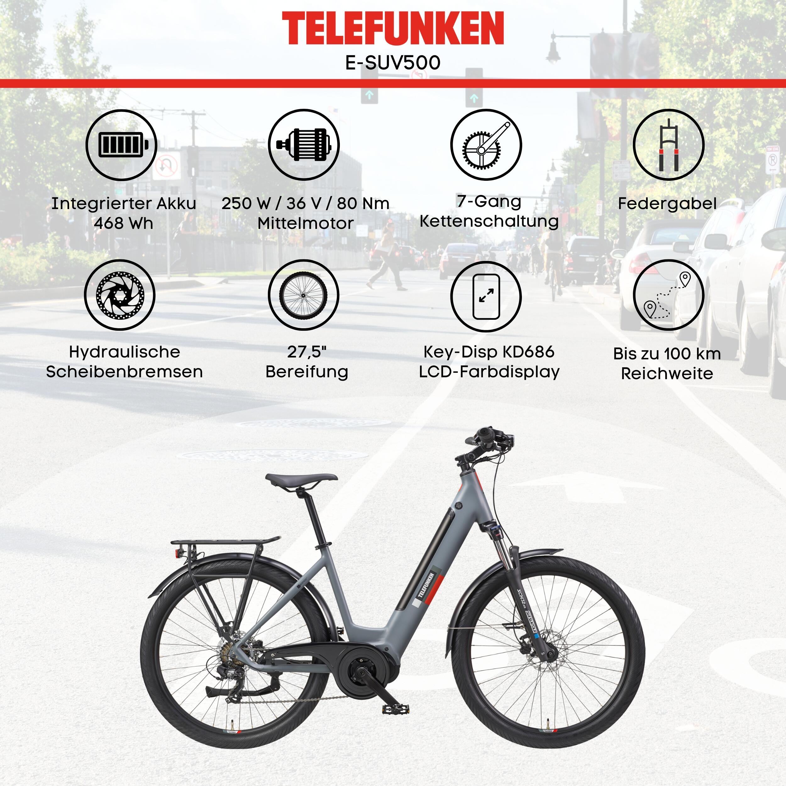 E-Bike SUV500 27,5 Zoll 7-Gang Pedelec City Elektrofahrrad Mittelmotor 468 Wh 5/7