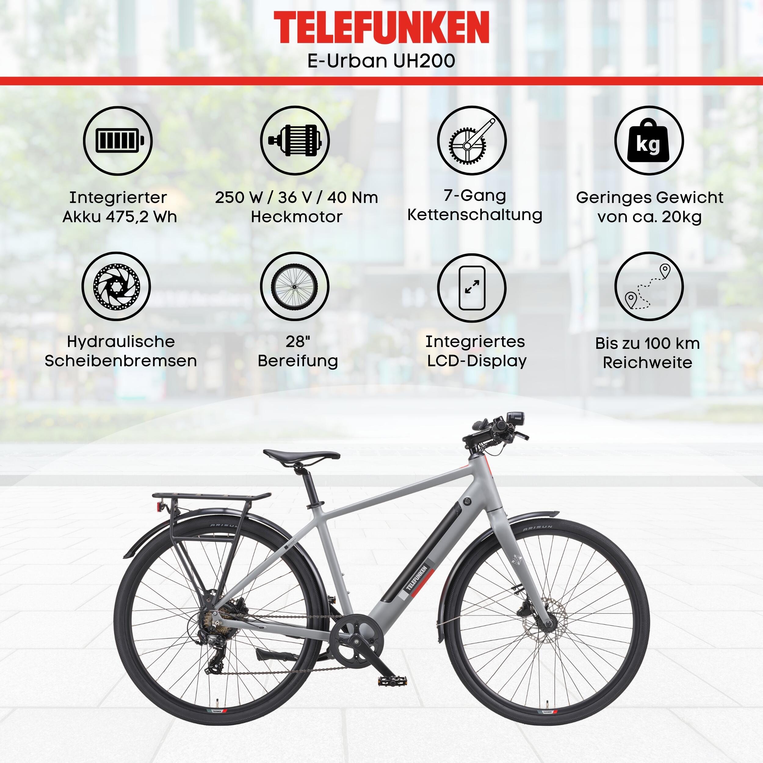 E-Bike UH200 28 Zoll 7-Gang Urban Pedelec City Elektrofahrrad leicht grau 5/7