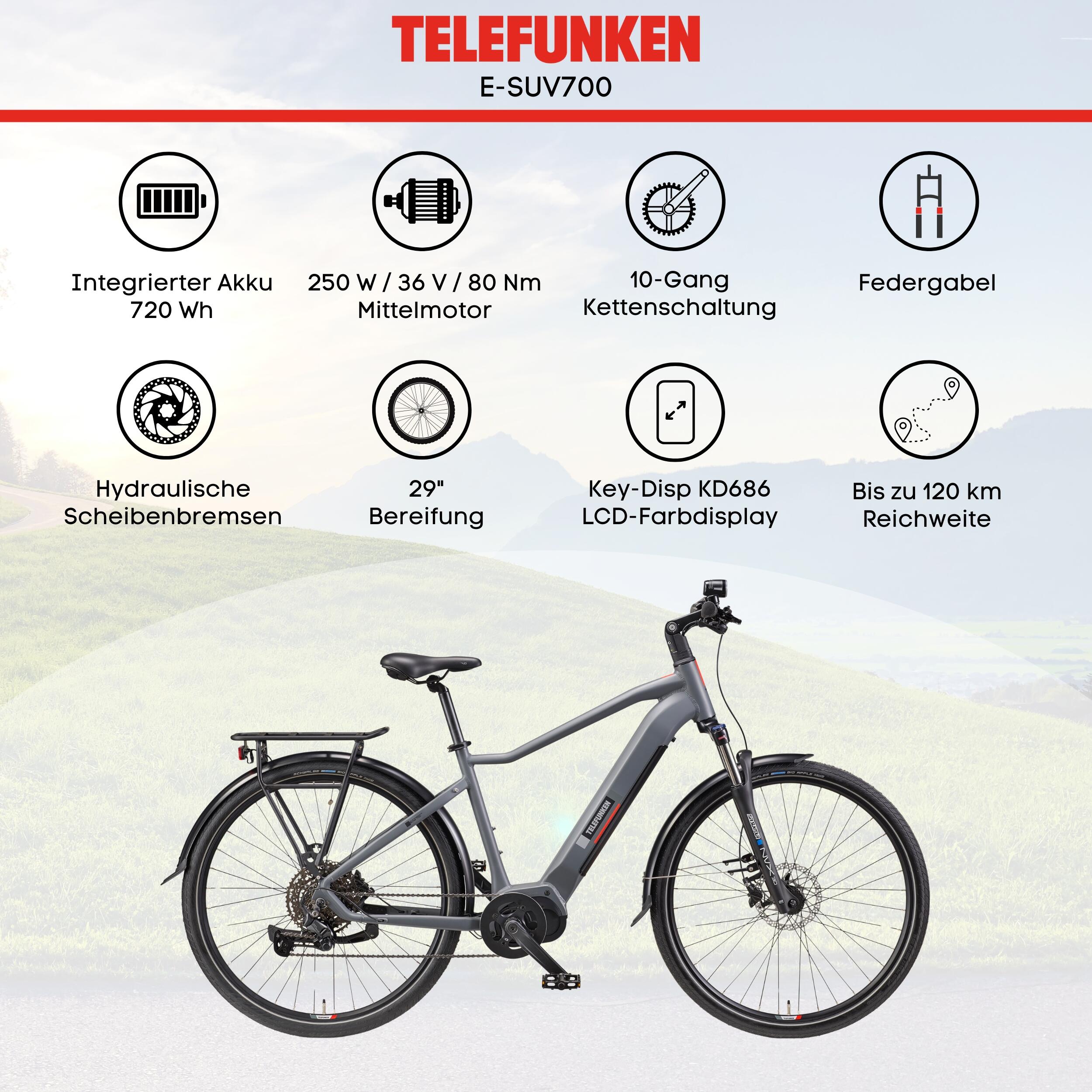 E-Bike SUV700 29 Zoll 10-Gang Pedelec City Elektrofahrrad Mittelmotor 720 Wh 6/7