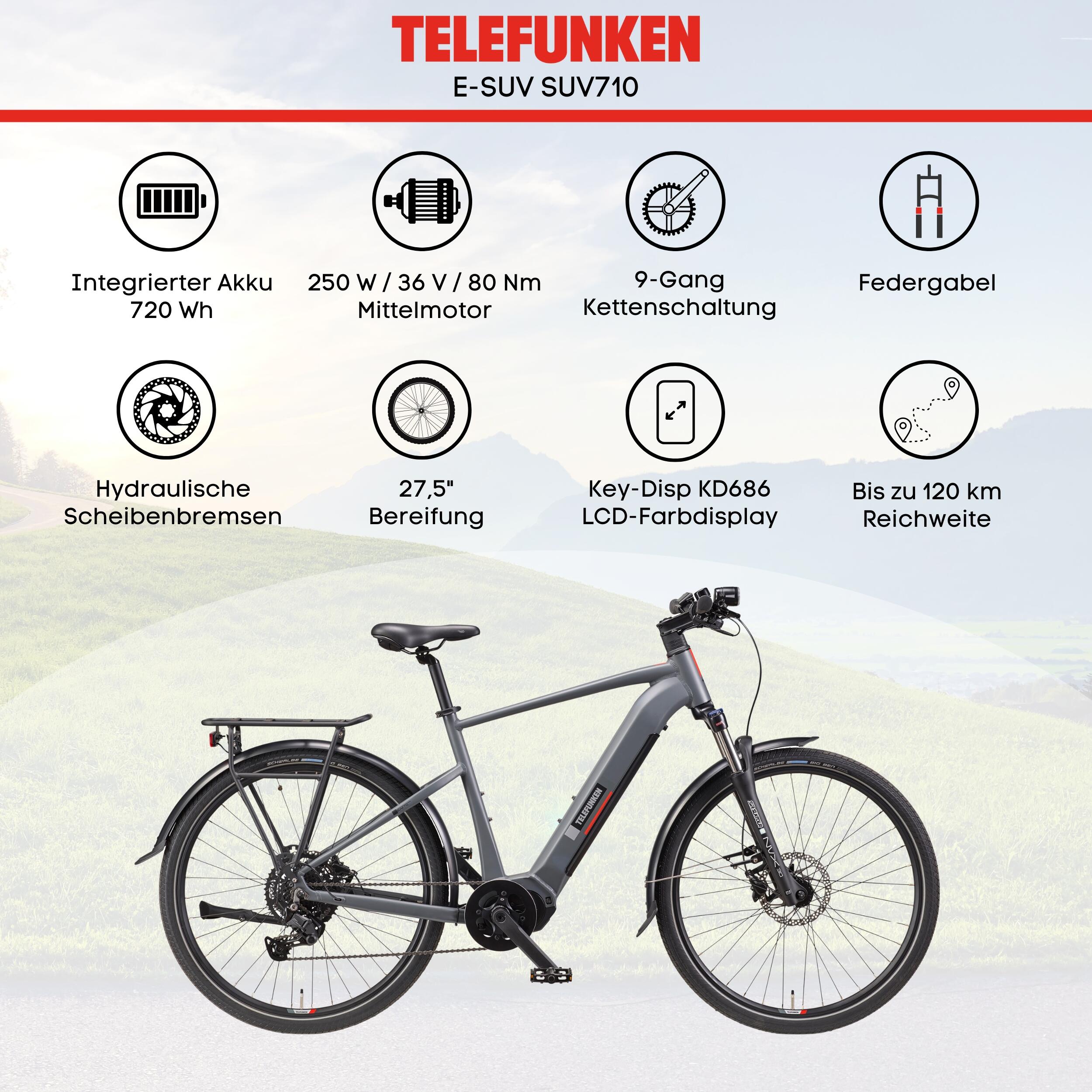 E-Bike SUV710 27,5 Zoll 9-Gang Pedelec City Elektrofahrrad Mittelmotor 720 Wh 6/7