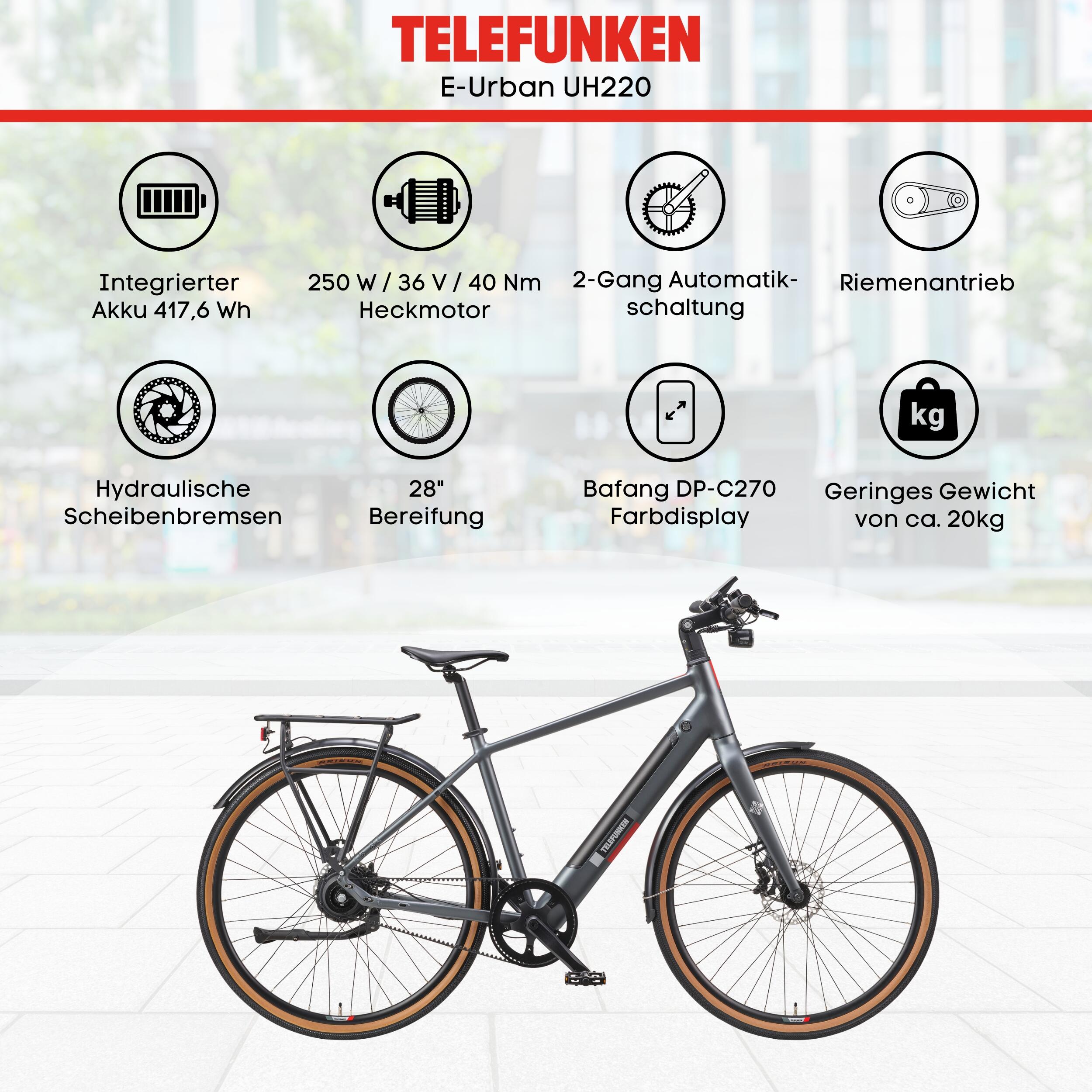 E-Bike UH220 28 Zoll 2-Gang Automatikschaltung Pedelec City Riemenantrieb grau 6/7